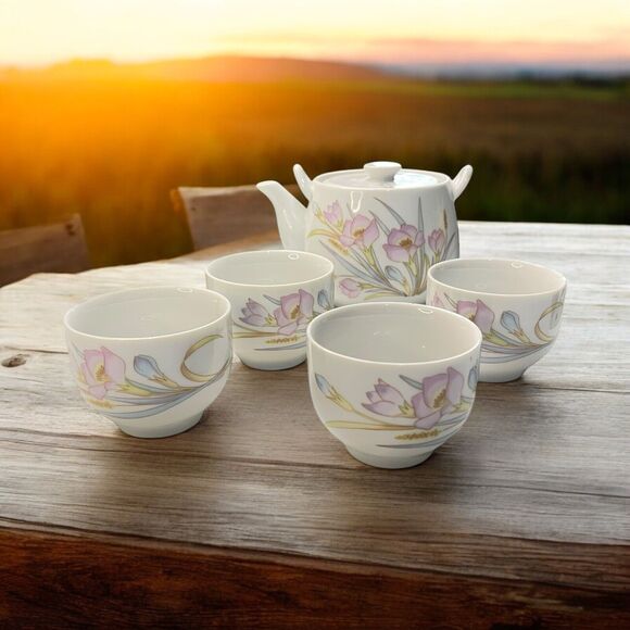 Otagiri Floral Lite Tea Set Hand Painted Japan Pot Four Traditional Cups Flaw - Picture 1 of 16